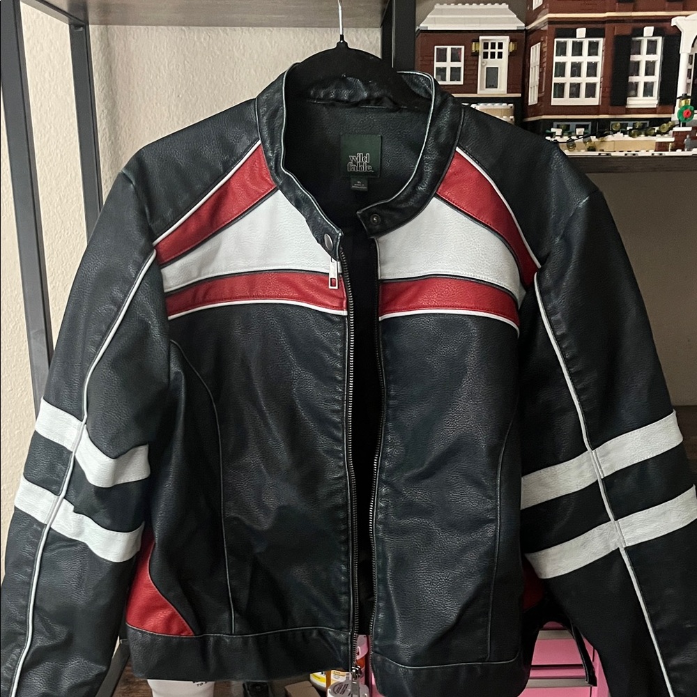 wild fable Black, White & Red Faux Leather Moto Jacket
